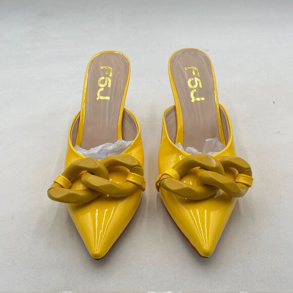 FSJ Yellow Pointed Toe Chain Stiletto Heels Slide Mules Dress Slip On Sandals - Picture 3 of 8
